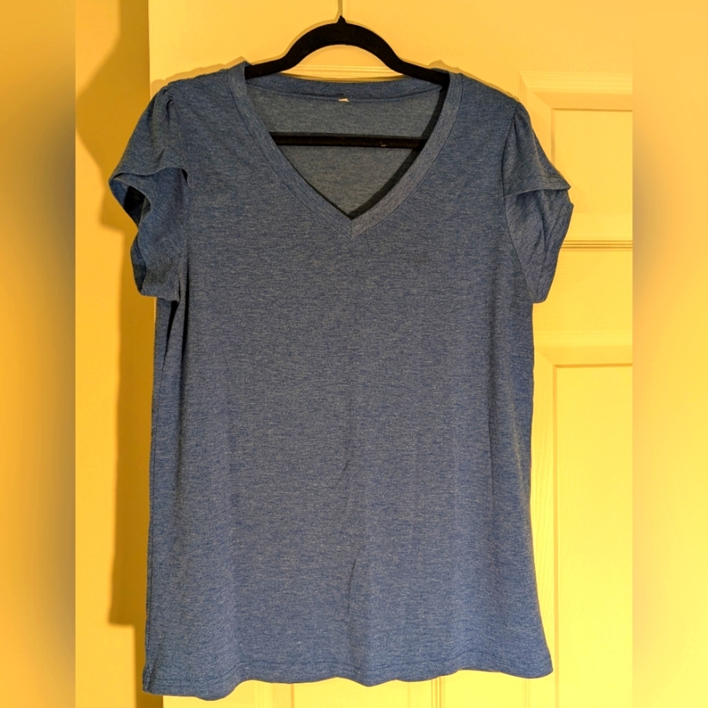 Blue V-Neck Women's Top with Tulip Shoulders